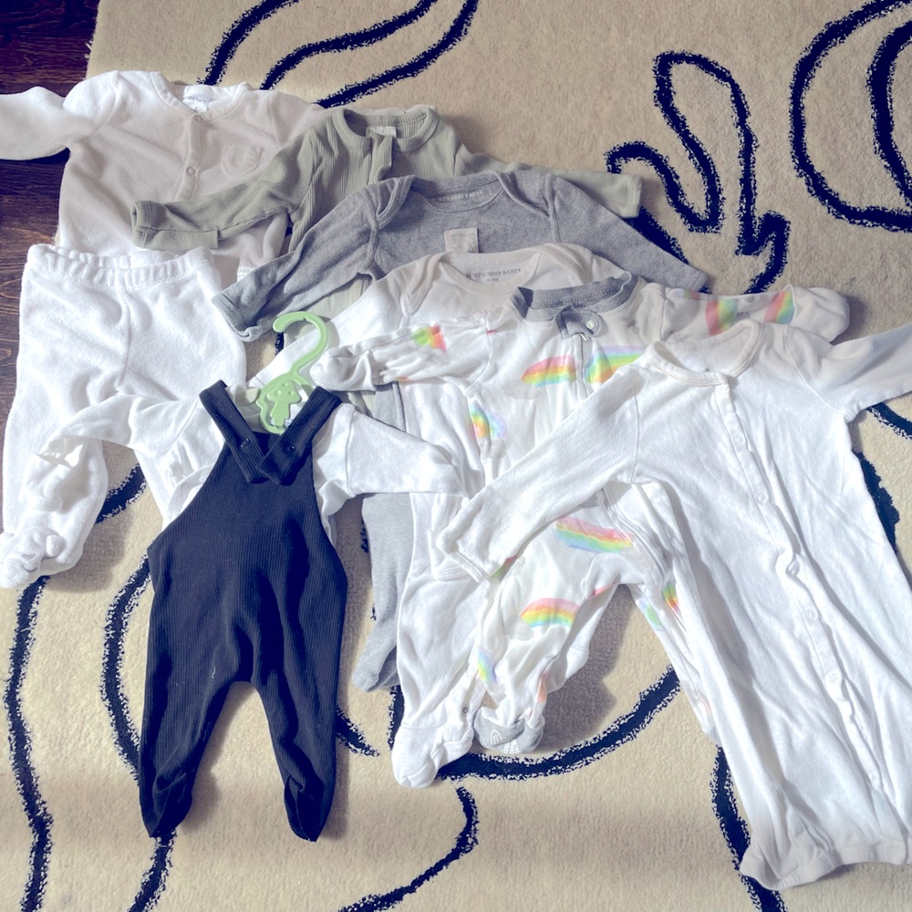 0-3 Month Girl Clothes Bundle (Burt Bees, Mebie Baby, Handmade Black Overalls)